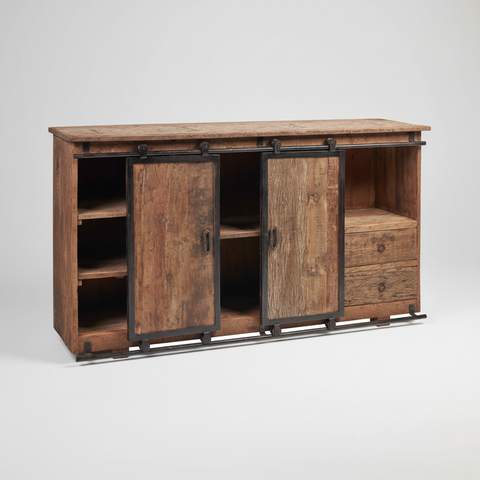 Credenza in legno riciclato con ante scorrevoli barn door e 3 cassetti