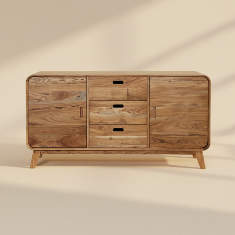 Credenza Leeds in acacia massello 3 cassetti e 2 sportelli su sfondo beige caldo con ombra