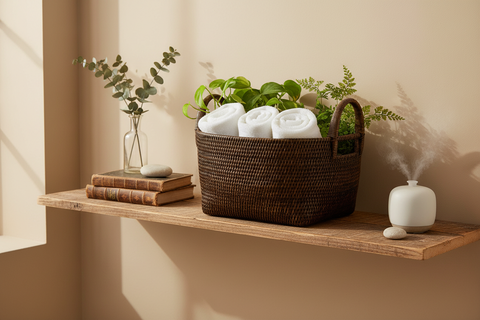 Cesta Myanmar ambientata in soggiorno con asciugamani e piante