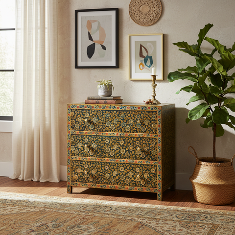 Comò Frida in ambiente bohemien eclettico