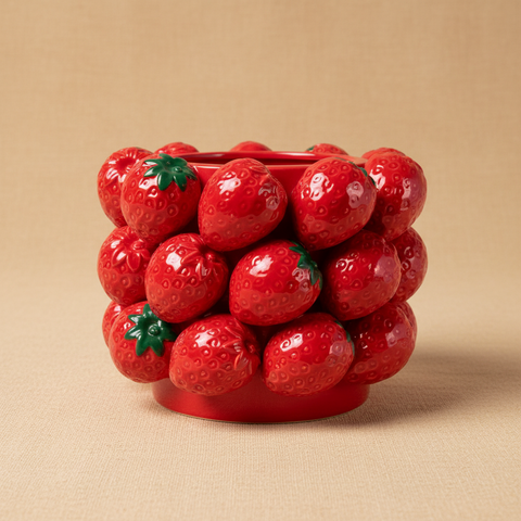 Portacandela fragole rosse su sfondo beige