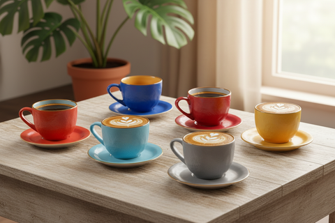 Set tazze caffè colorate ambientate su tavola con caffè