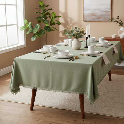 Tovaglia verde apparecchiata su tavolo da pranzo