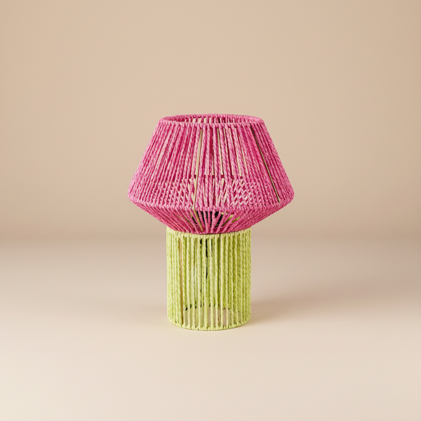 Lampada fungo decorativa rosa e verde in corda intrecciata - sfondo beige