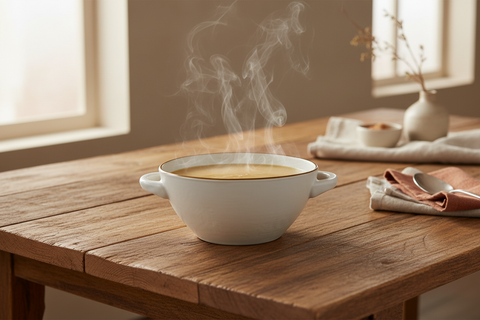 Ciotola bianca con zuppa ambientata su tavola rustica