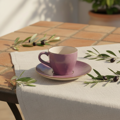 Tazzina in ceramica viola con piattino su tavola mediterranea
