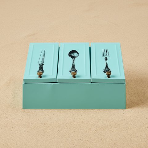 Porta posate turchese su sfondo beige sabbia neutro