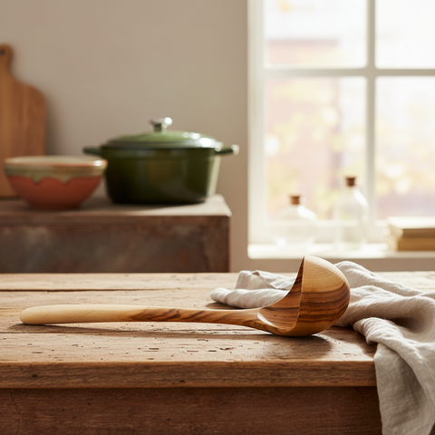 Mestolo in legno d'ulivo in ambientazione cucina rustica