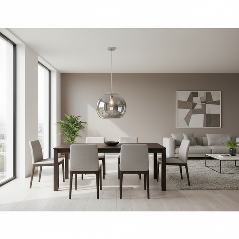 Lampadario Lagos grigio fumé appeso in sala da pranzo moderna