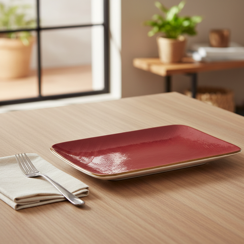 Piatto ceramica rosso bordeaux su tavola minimal in casa mediterranea