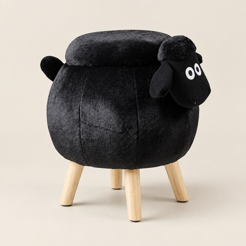 Pouf contenitore a forma di pecora nera con gambe in pino su sfondo greige