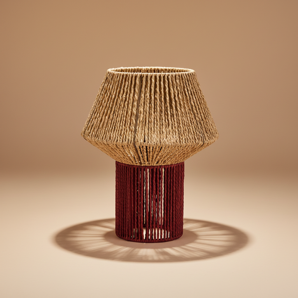 Lampada fungo beige e bordeaux su sfondo beige