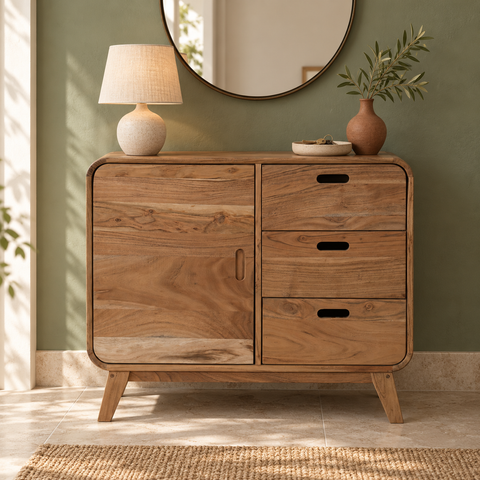 Credenza Leeds da 90 cm con tre cassetti e un’anta, proposta d’arredo per ingresso su parete verde salvia.