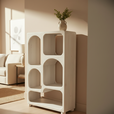 Libreria modulare su sfondo neutro