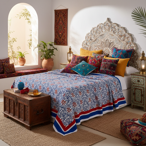 Mezzero Noto blu e rosso su letto