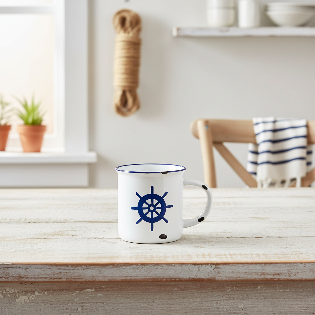 Mug bianco timone blu ambientato