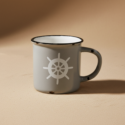 Mug grigio timone bianco sfondo neutro ombreggiato
