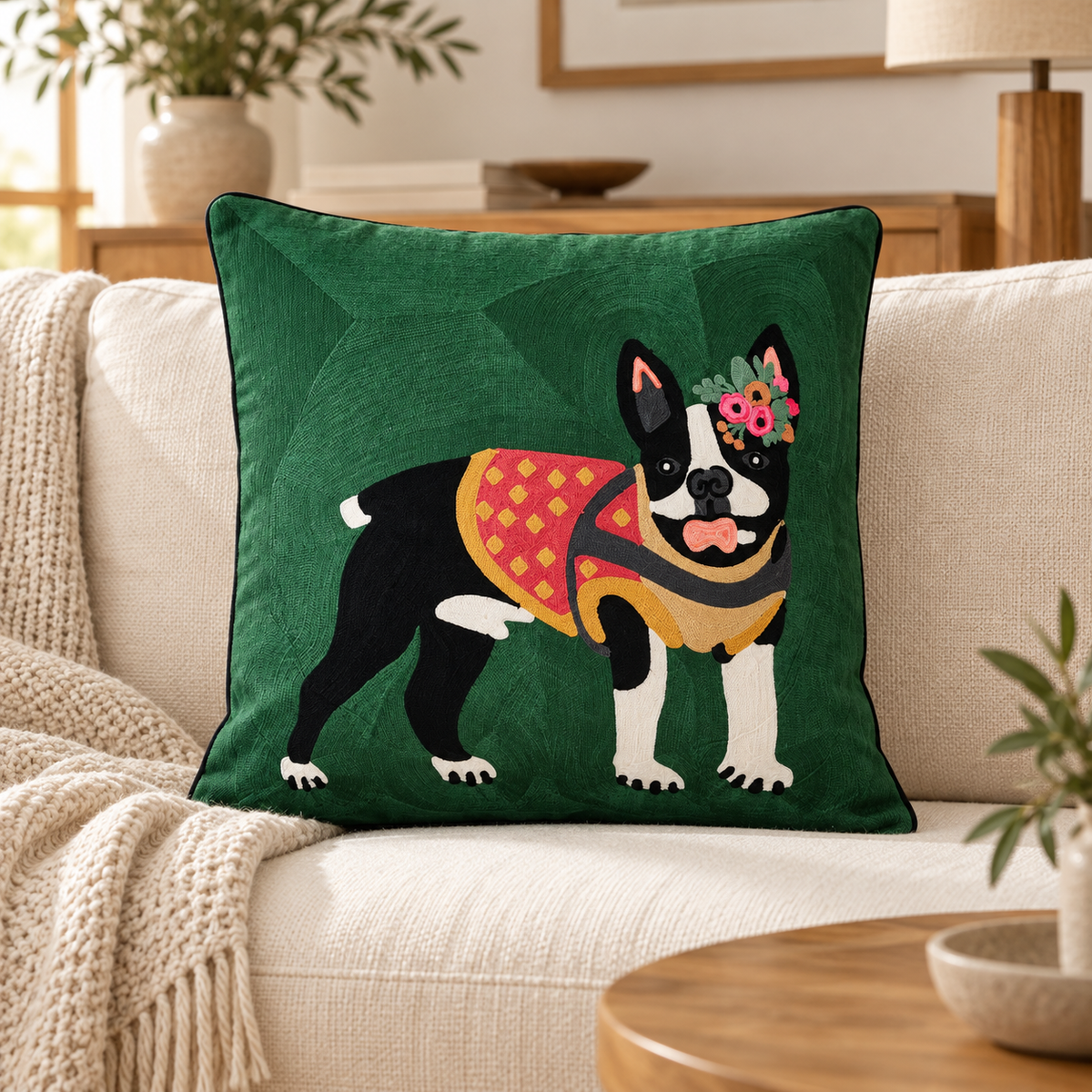 Ambientazione illustrativa — EMBROIDERY - CUSCINO BOSTON TERRIER
