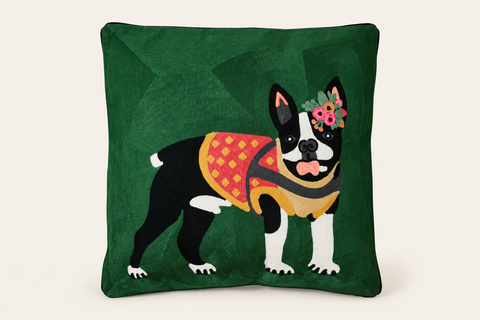 EMBROIDERY - CUSCINO BOSTON TERRIER - fondo avorio
