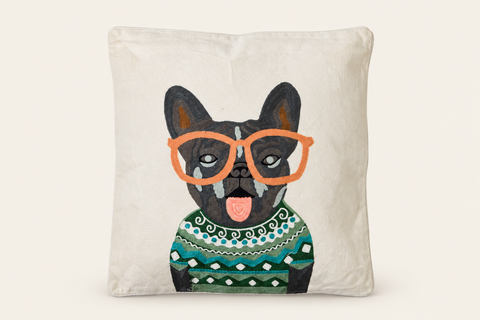 EMBROIDERY - CUSCINO BOULEDOGUE FRANCESE - fondo avorio