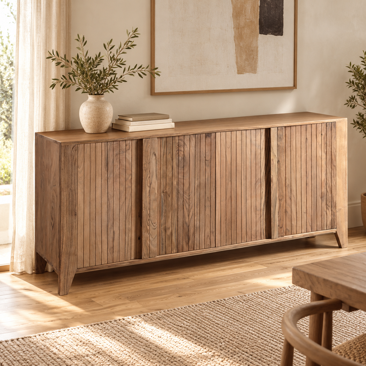 Credenza Miami quattro sportelli in acacia 180 × 40 × 80 cm – ambientazione zona pranzo