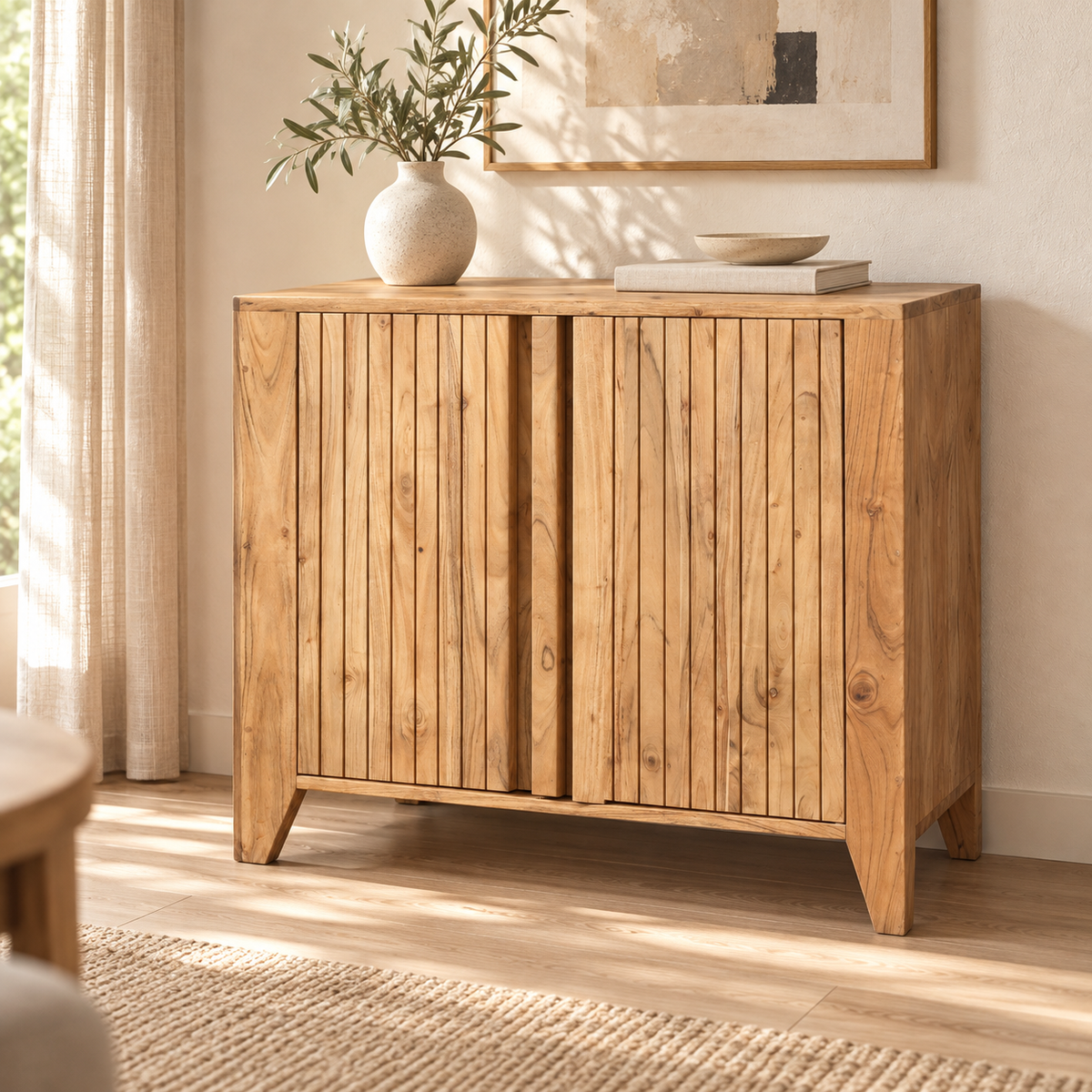 Credenza Miami due sportelli in acacia 90 × 40 × 80 cm – ambientazione soggiorno