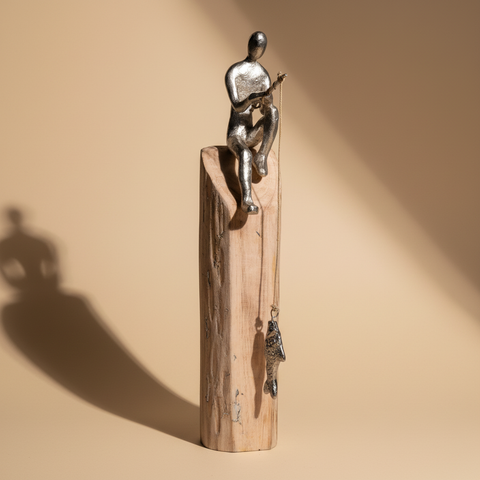 Pescatore Tchaou su tronco sfondo beige