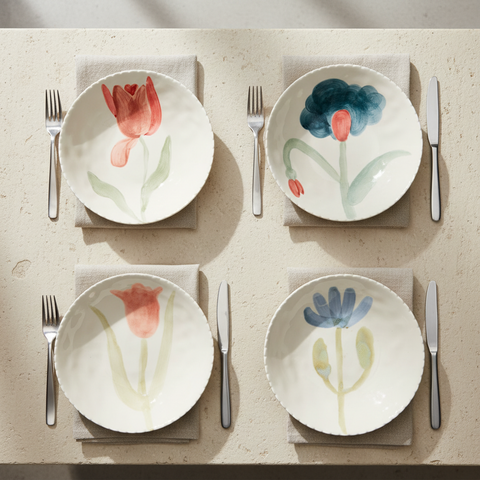ANTESI - 1/4 ASS. PIATTI FONDI FIORI DIPINTI A MANO CON BORDO SMERLATO