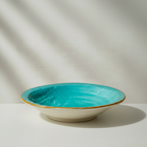 Piatto azzurro con bordo dorato su sfondo grigio