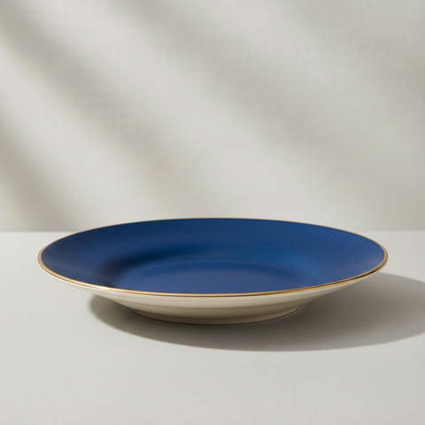 Piatto blu e beige su sfondo grigio