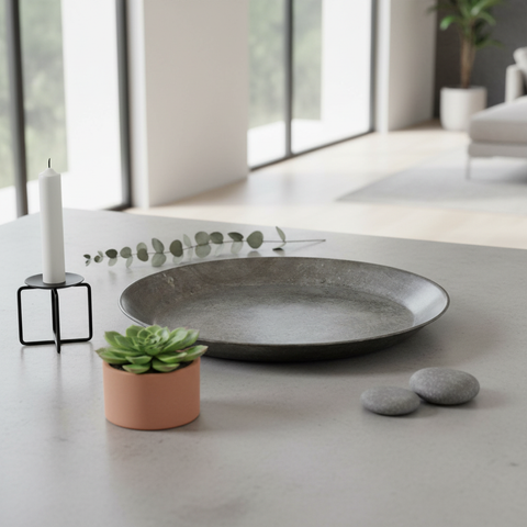 Piatto decorativo ferro grigio su piano
