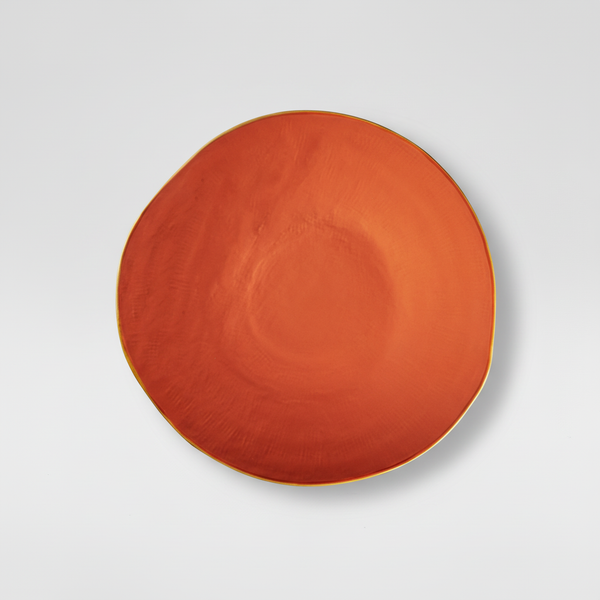 Piatto terracotta ambientato su sfondo grigio con ombra