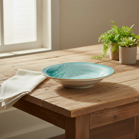 Piatto turchese con ambientazione del piatto giallo