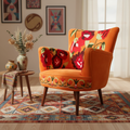 Poltrona arancione ricami folk contesto bohemian focus prodotto
