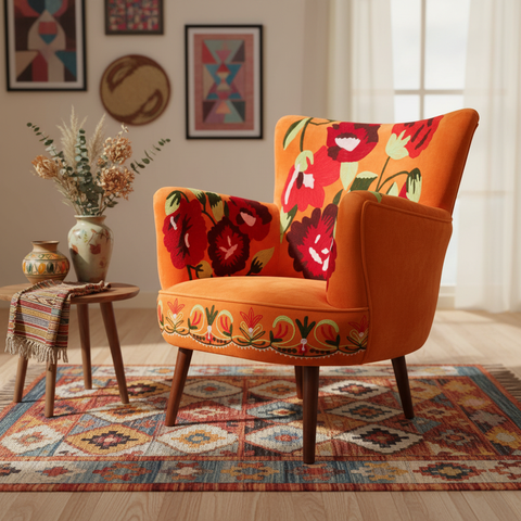 Poltrona arancione ricami folk contesto bohemian focus prodotto