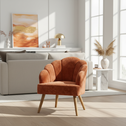 Poltrona conchiglia velluto arancione ruggine completa ambientata