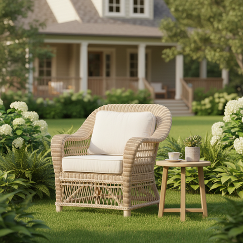 Poltrona in vimini ambientata in giardino