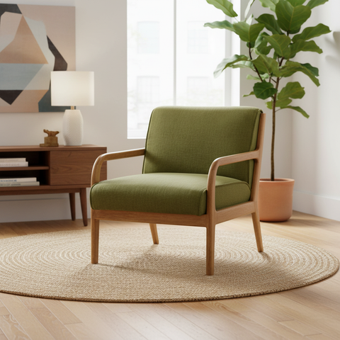Poltrona mid-century verde oliva legno naturale contesto moderno focus prodotto