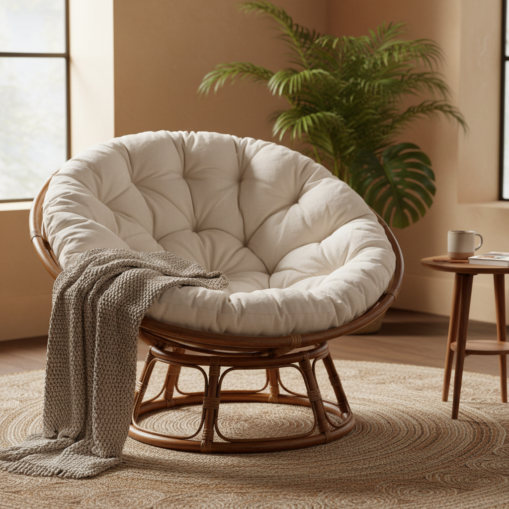 Poltrona papasan rattan cuscino crema ambientata