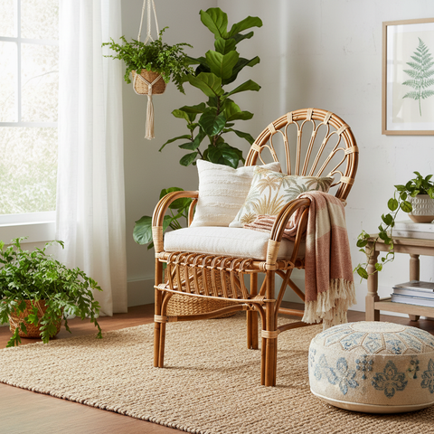 Poltrona rattan a ventaglio in ambiente bohemian