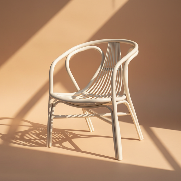 Poltrona rattan bianca su sfondo beige