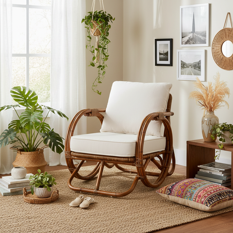 Poltrona rattan con cuscini bianchi in ambiente bohemian