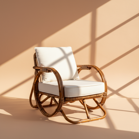 Poltrona rattan con cuscini bianchi su sfondo beige