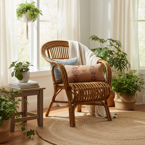 Poltrona rattan in ambiente bohemian