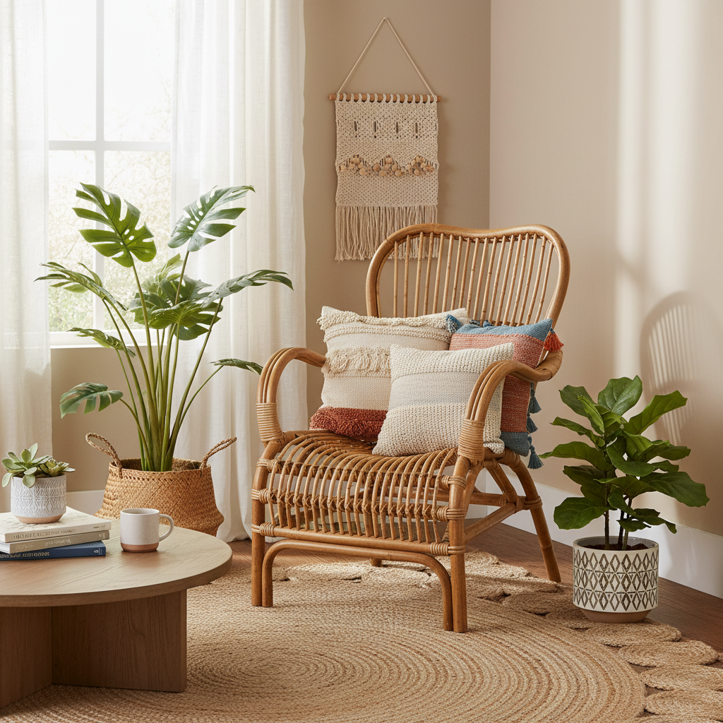 Poltrona rattan in ambiente bohemian