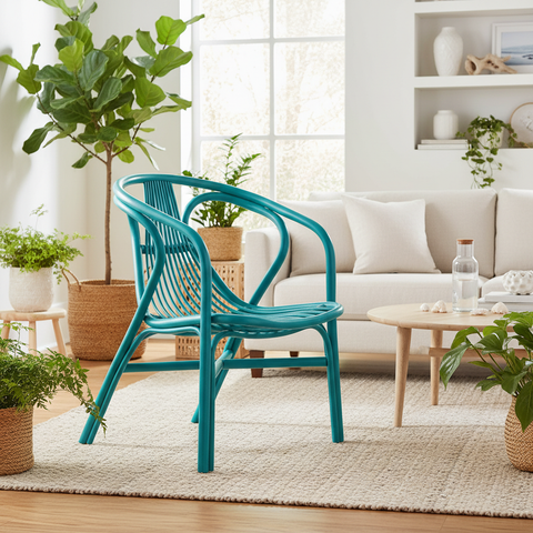 Poltrona rattan turchese in ambiente luminoso