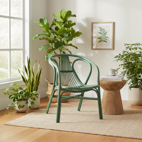 Poltrona rattan verde in ambiente botanico