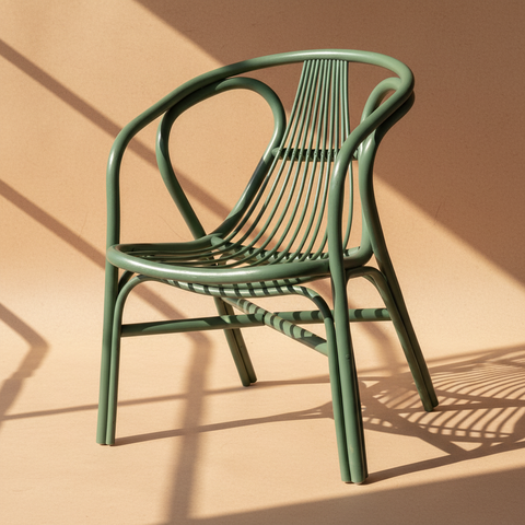 Poltrona rattan verde su sfondo beige