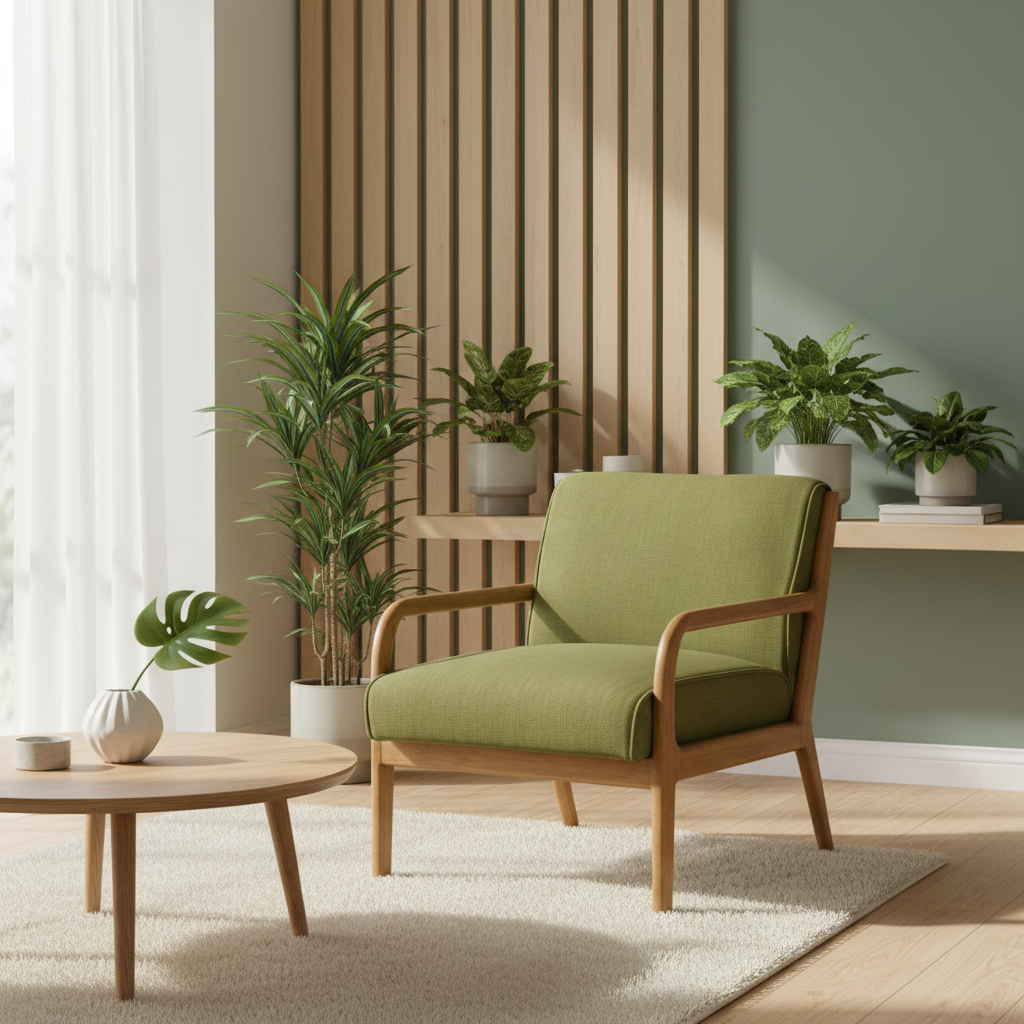 Poltrona verde oliva in soggiorno contemporaneo