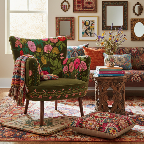 Poltrona verde oliva ricamata ambientata